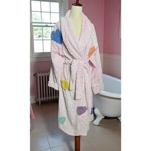 Vintage 90s Canyon Group Chenille Heart Robe Pink L RARE Original Thick Long EUC